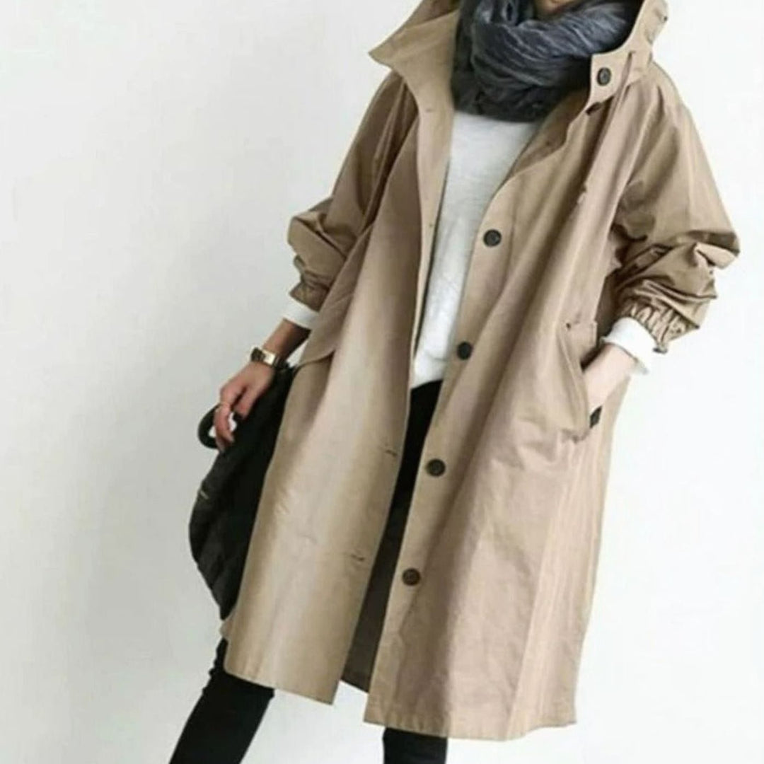 Women's Hooded Water-Resistant Longline Trench Coat - Brown