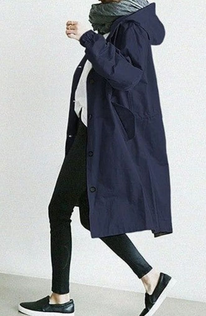 Women's Hooded Water-Resistant Longline Trench Coat - Navy Blue