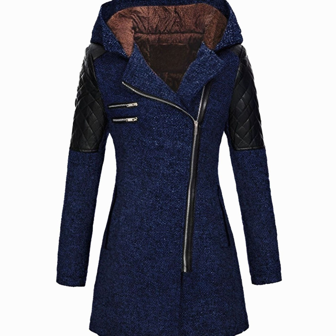 Women's Hooded Wool-Blend Asymmetric Zip Trench Coat - Navy Blue