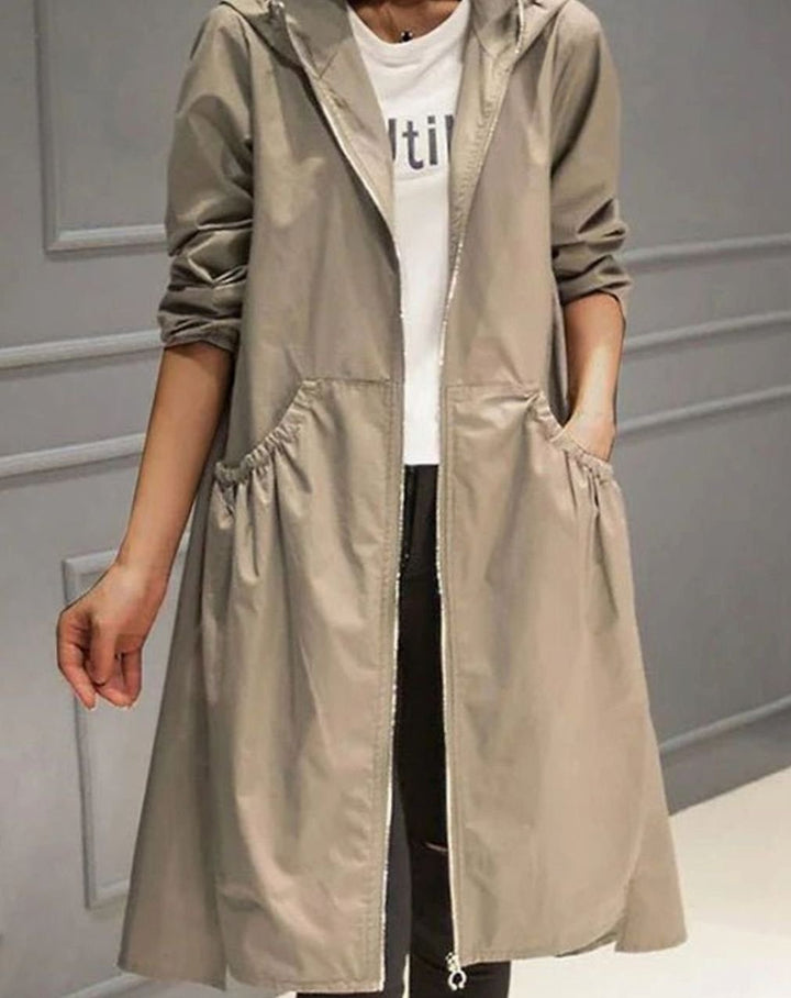 Women's Hooded Zip-Up Longline Trench Coat - Khaki