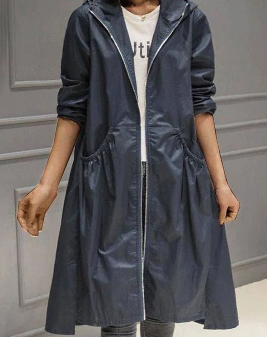 Women's Hooded Zip-Up Longline Trench Coat - Navy Blue