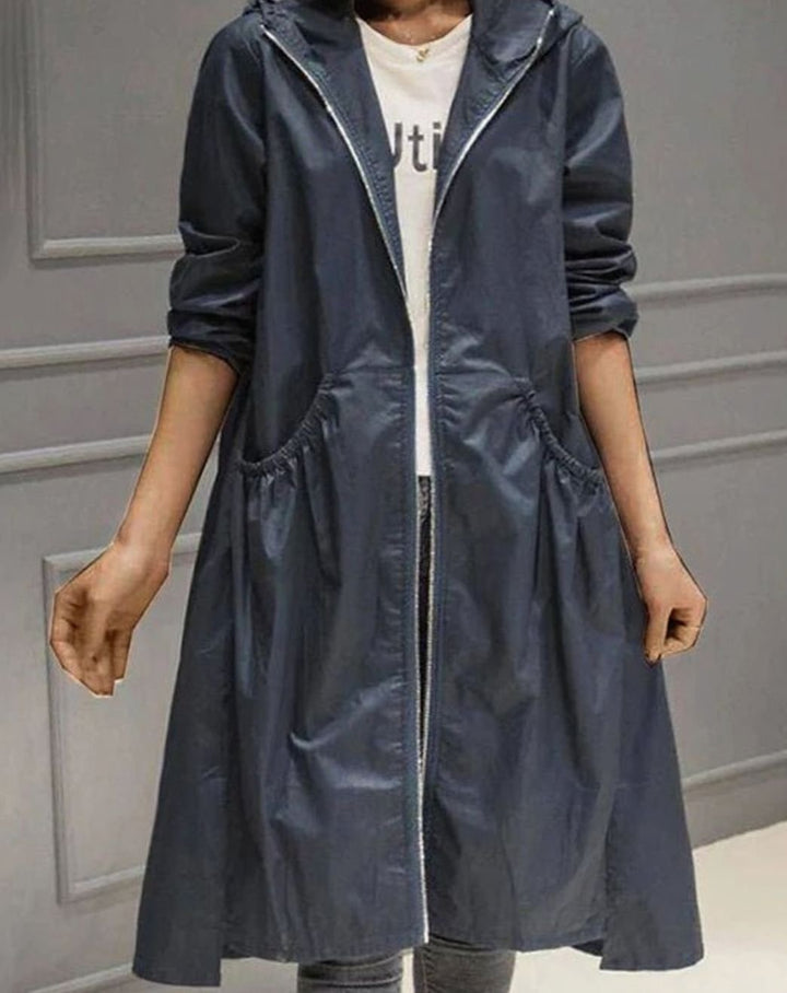 Women's Hooded Zip-Up Longline Trench Coat - Navy Blue