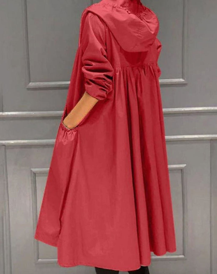 Women's Hooded Zip-Up Longline Trench Coat - Red
