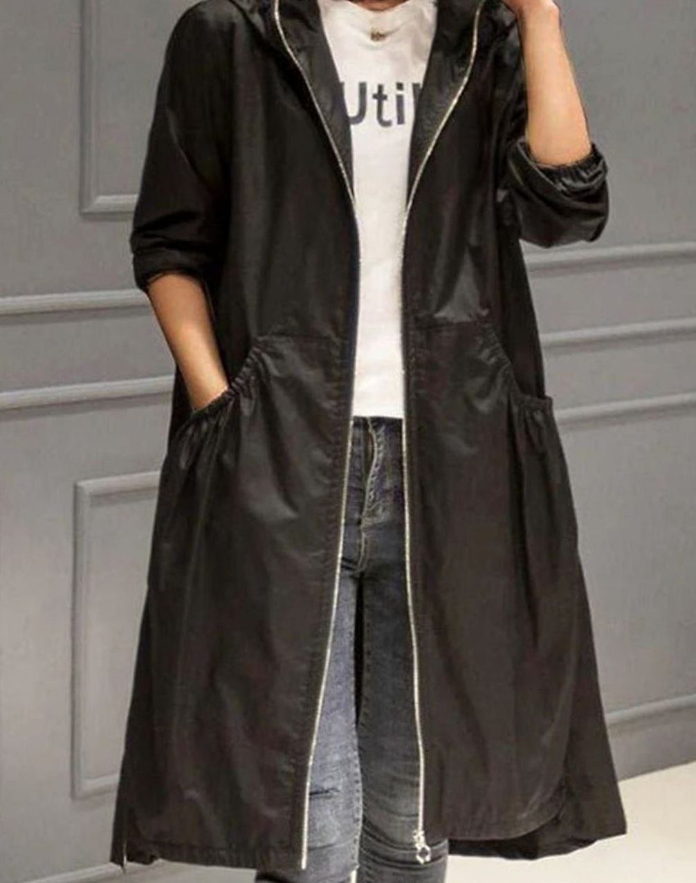 Women's Hooded Zip-Up Longline Trench Coat - Black