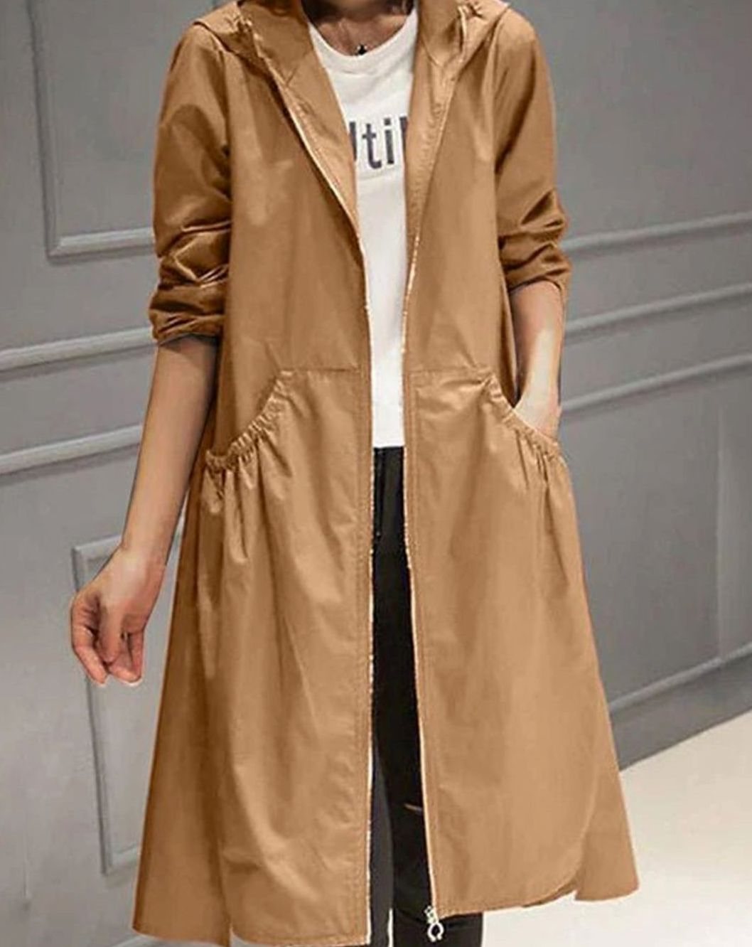 Women's Hooded Zip-Up Longline Trench Coat - Brown