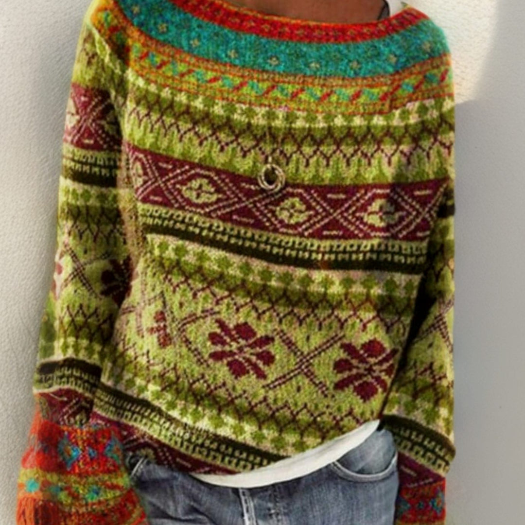Women's Icelandic Fair Isle Knitted Jumper Round Neck Long Sleeve - Coloured Hooks