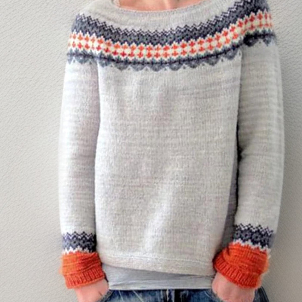 Women's Icelandic Fair Isle Knitted Jumper Round Neck Long Sleeve - Grey
