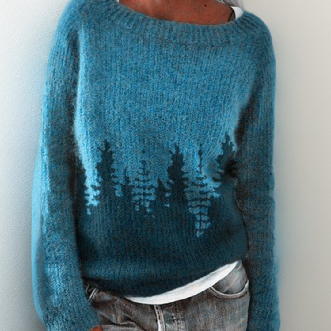 Women's Icelandic Fair Isle Knitted Jumper Round Neck Long Sleeve - Blue