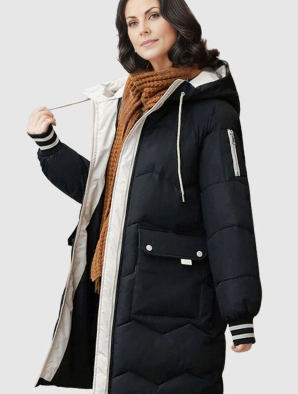 Women's Insulated Hooded Mid-Length Black Puffer Winter Coat