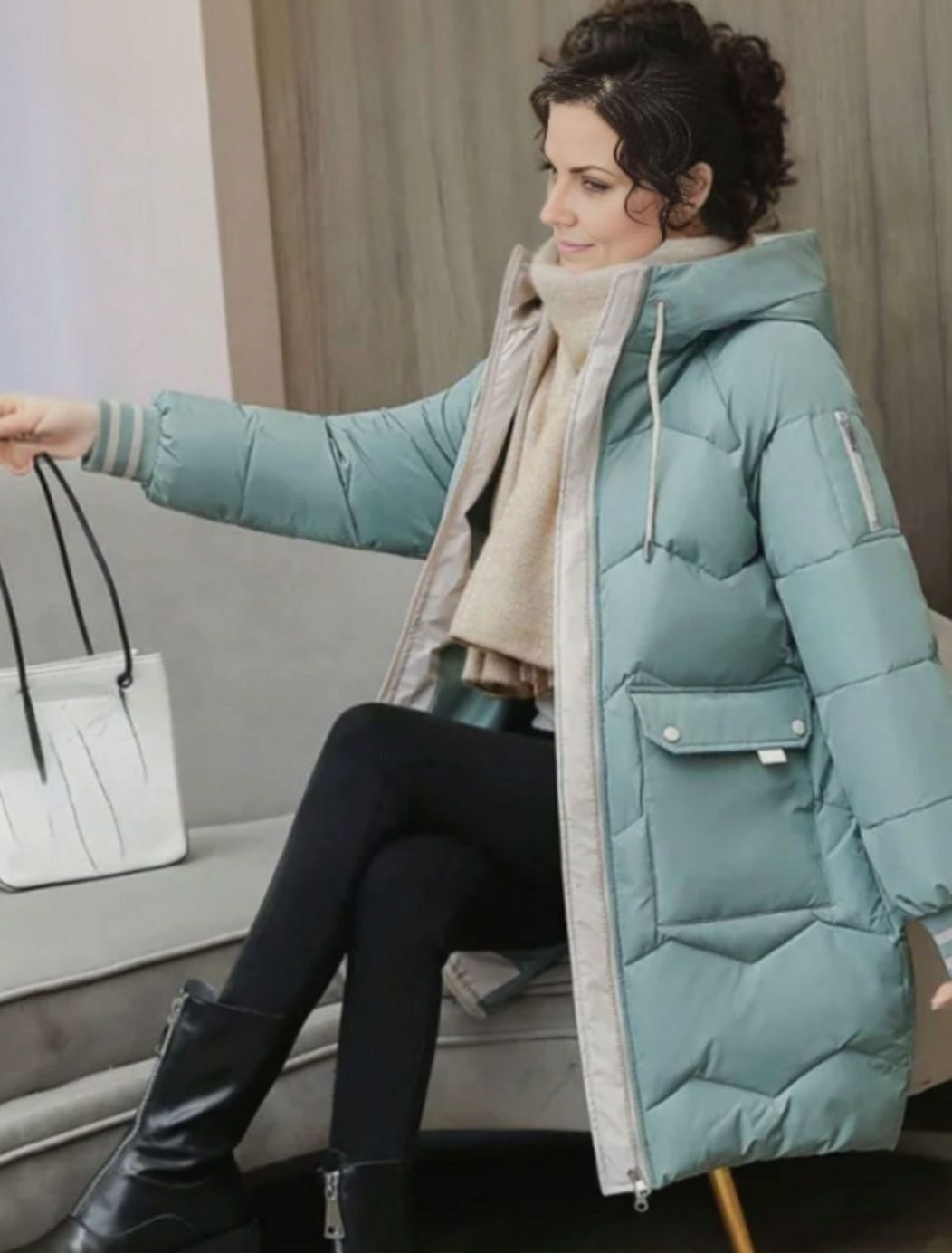 Women's Insulated Hooded Mid-Length Black Puffer Winter Coat - Light Green