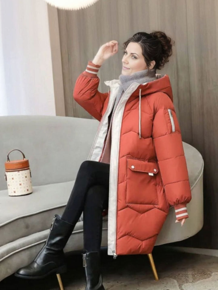 Women's Insulated Hooded Mid-Length Black Puffer Winter Coat - Red