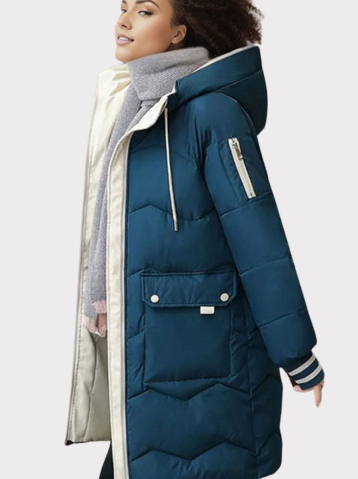 Women's Insulated Hooded Mid-Length Black Puffer Winter Coat - Blue