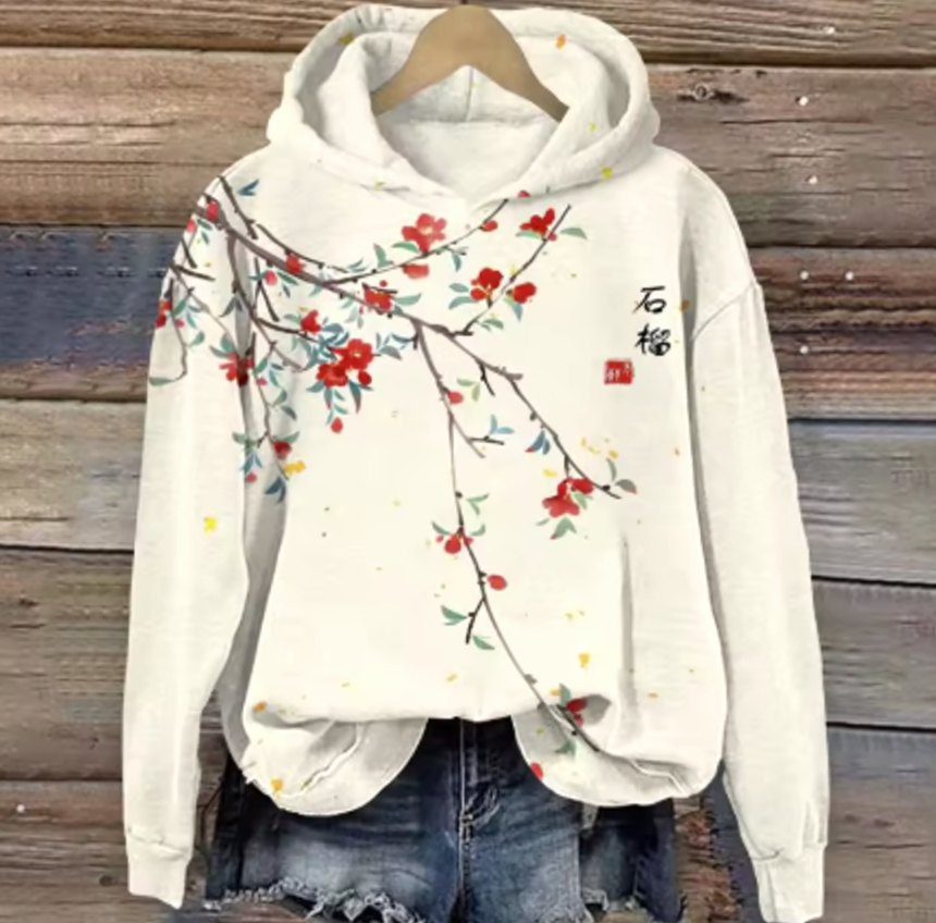 Women's Japanese Cherry Blossom Print Oversized Hoodie - Cherry Blossom