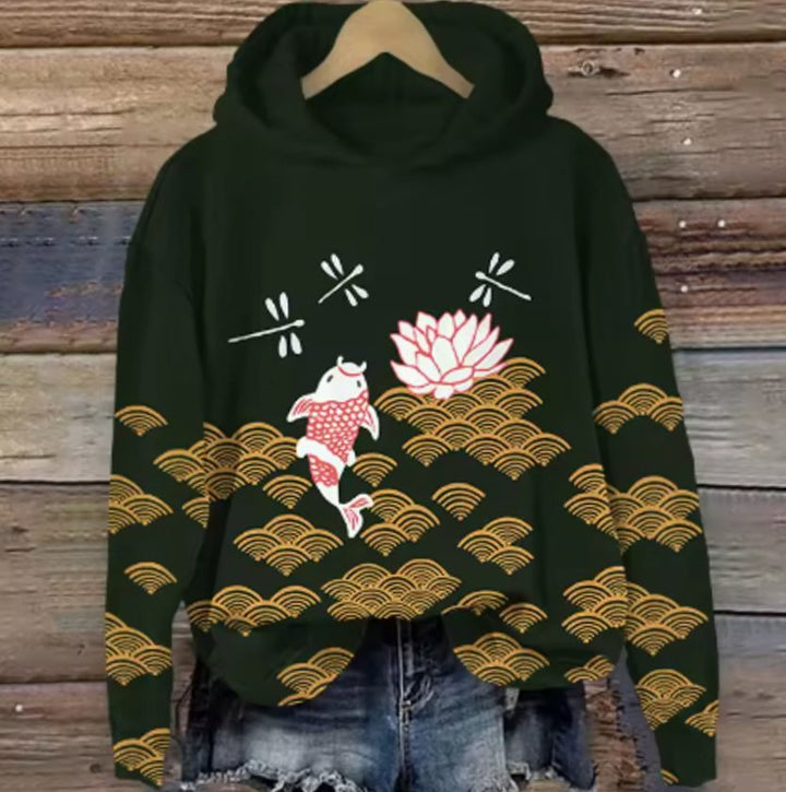 Women's Japanese Cherry Blossom Print Oversized Hoodie - Golden Crane