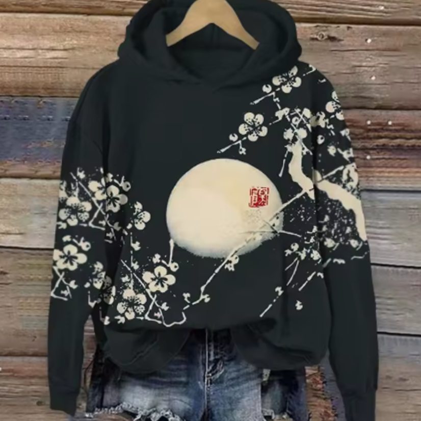 Women's Japanese Cherry Blossom Print Oversized Hoodie - Midnight Zen