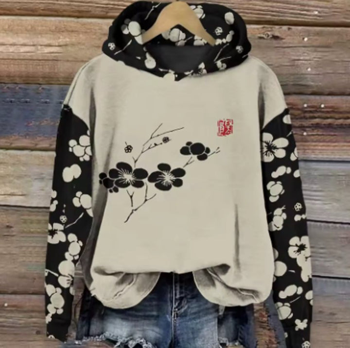 Women's Japanese Cherry Blossom Print Oversized Hoodie - Ivory Branch
