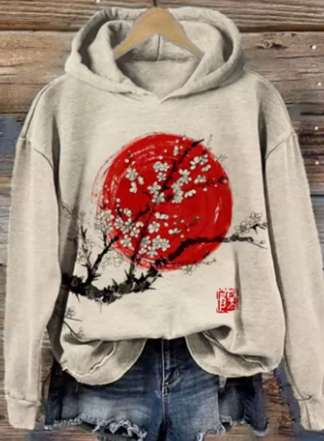 Women's Japanese Cherry Blossom Print Oversized Hoodie, Light Grey - Rising Sun