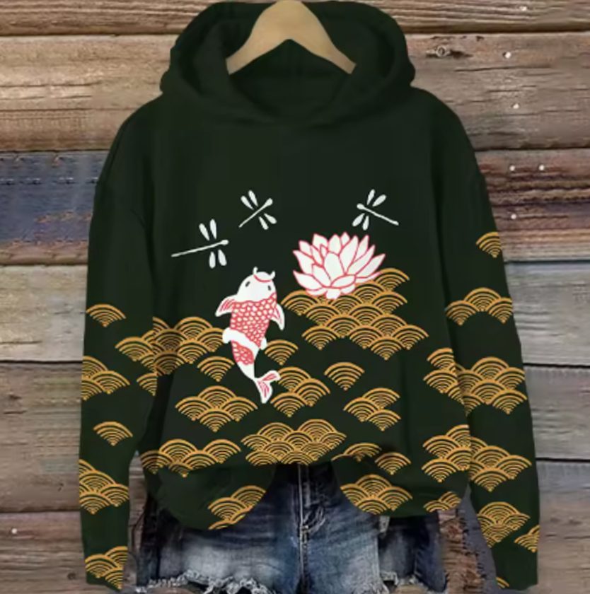 Women's Japanese Cherry Blossom Print Oversized Hoodie, Light Grey - Golden Crane