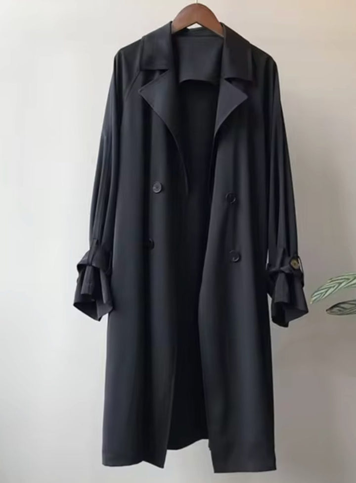 Women's Knee-Length Belted Trench Coat - Black