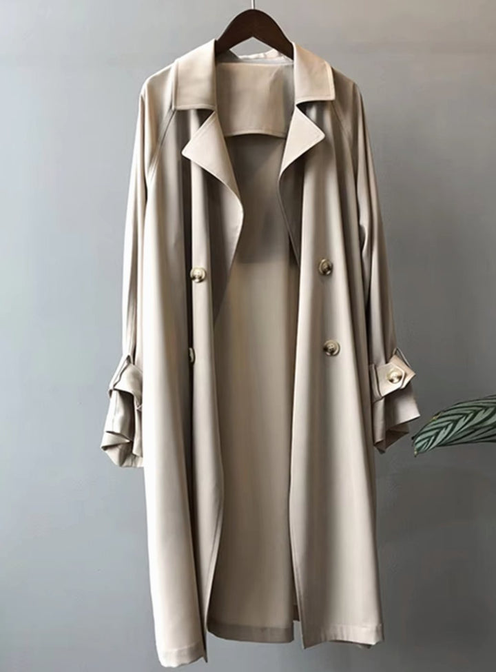 Women's Knee-Length Belted Trench Coat - Apricot