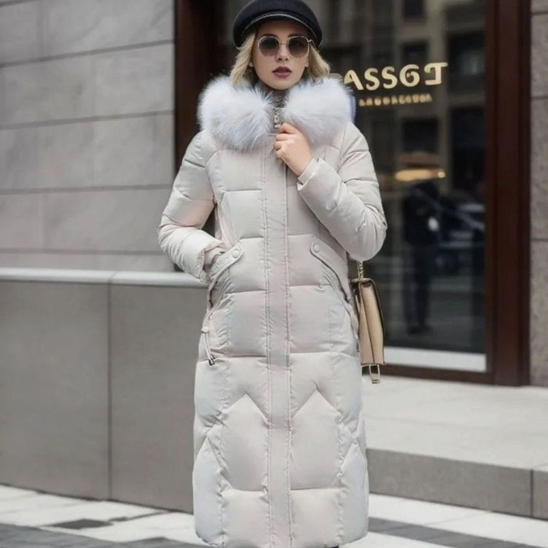 Women's Knee-Length Faux Fur Trim Hooded Quilted Puffer Coat