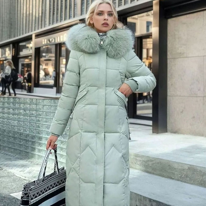 Women's Knee-Length Faux Fur Trim Hooded Quilted Puffer Coat - Green