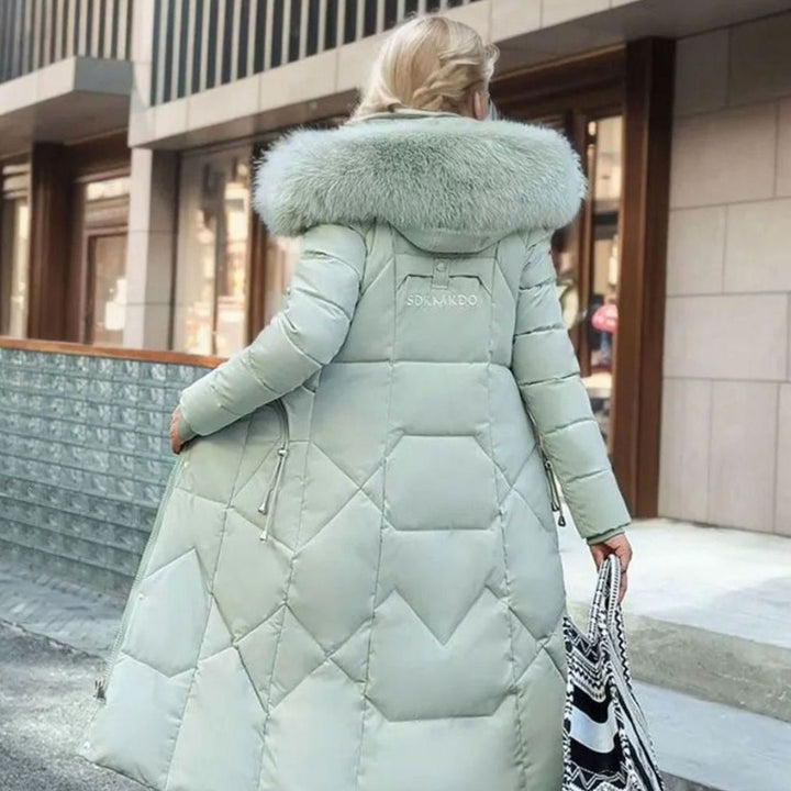 Women's Knee-Length Faux Fur Trim Hooded Quilted Puffer Coat