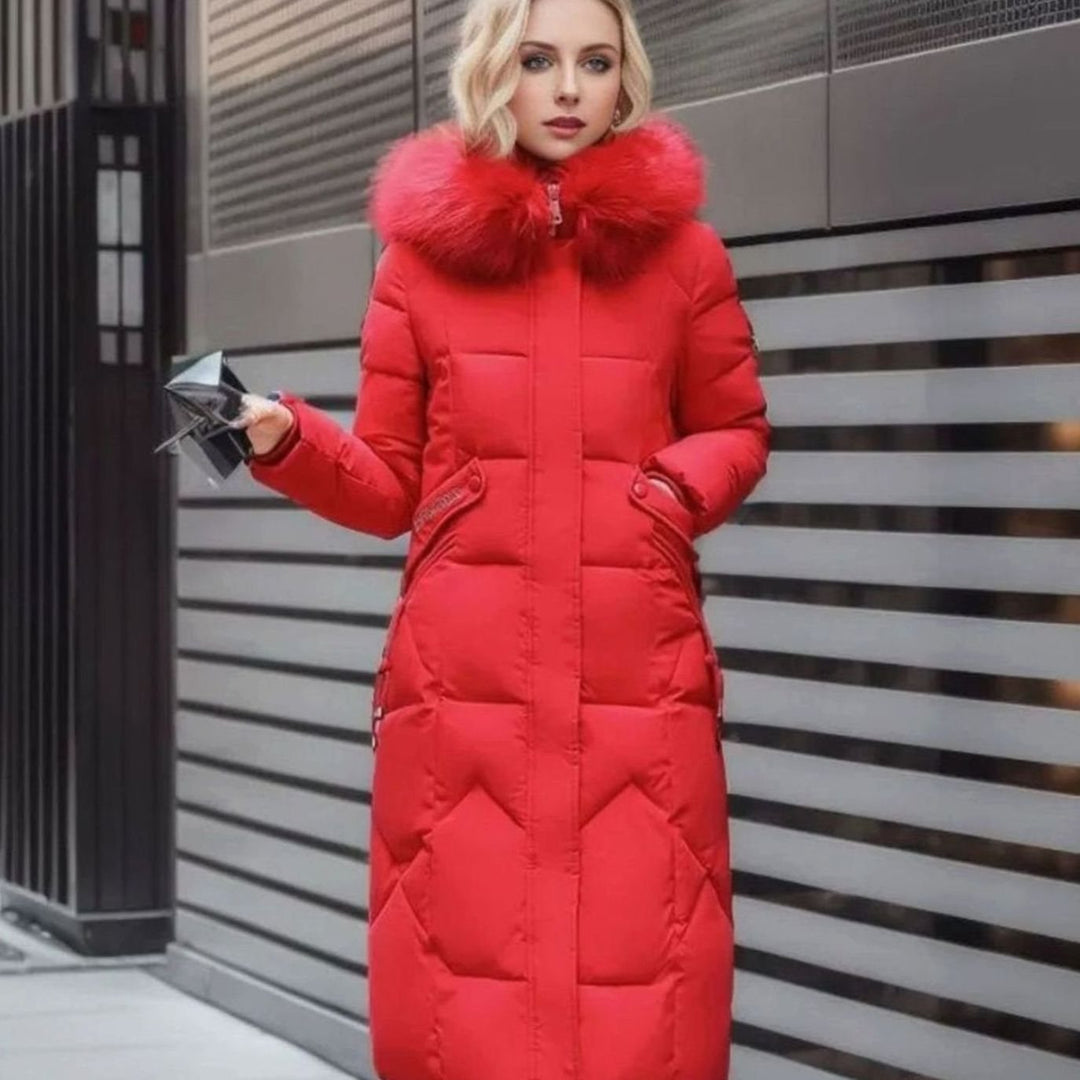 Women's Knee-Length Faux Fur Trim Hooded Quilted Puffer Coat - Red