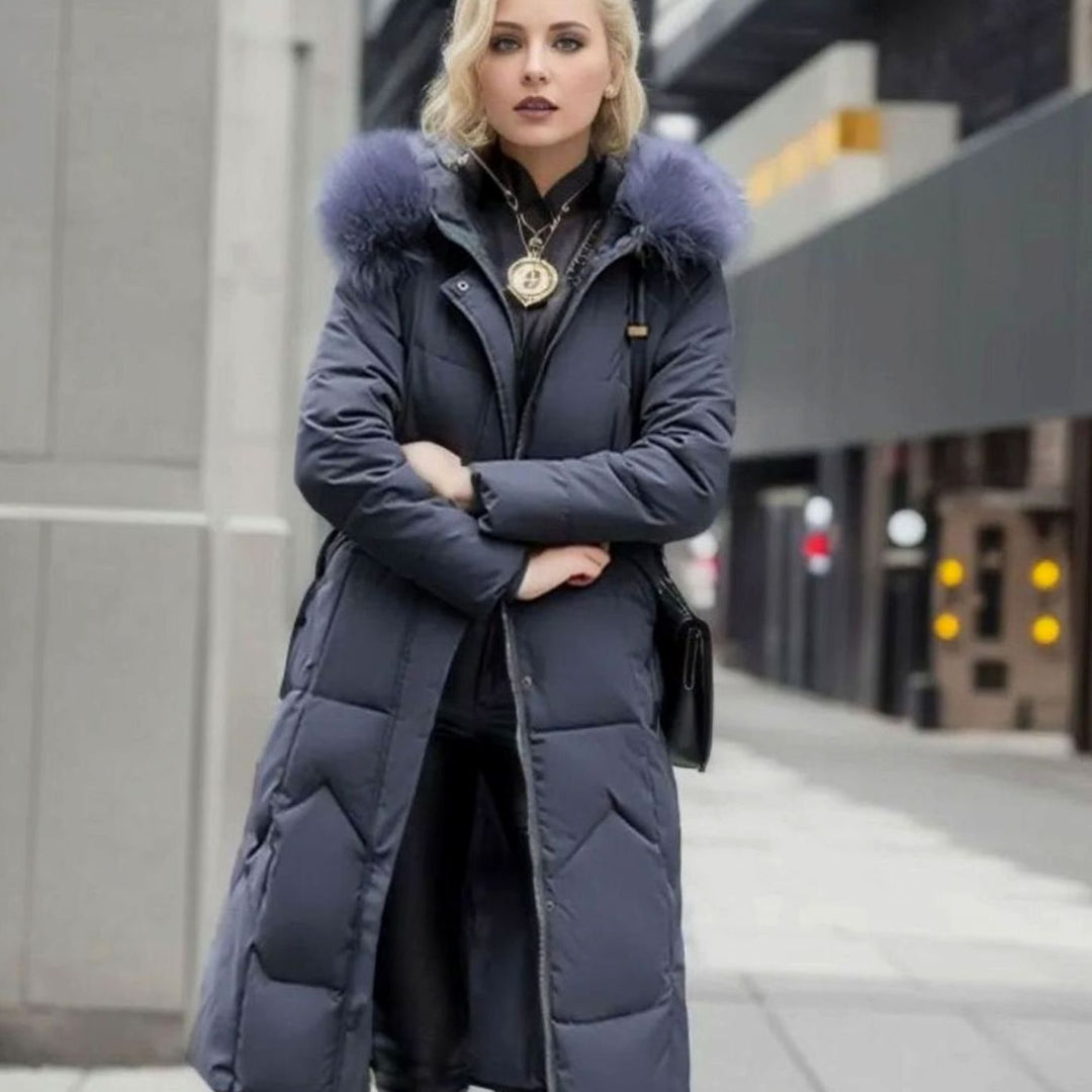 Women's Knee-Length Faux Fur Trim Hooded Quilted Puffer Coat - Grey