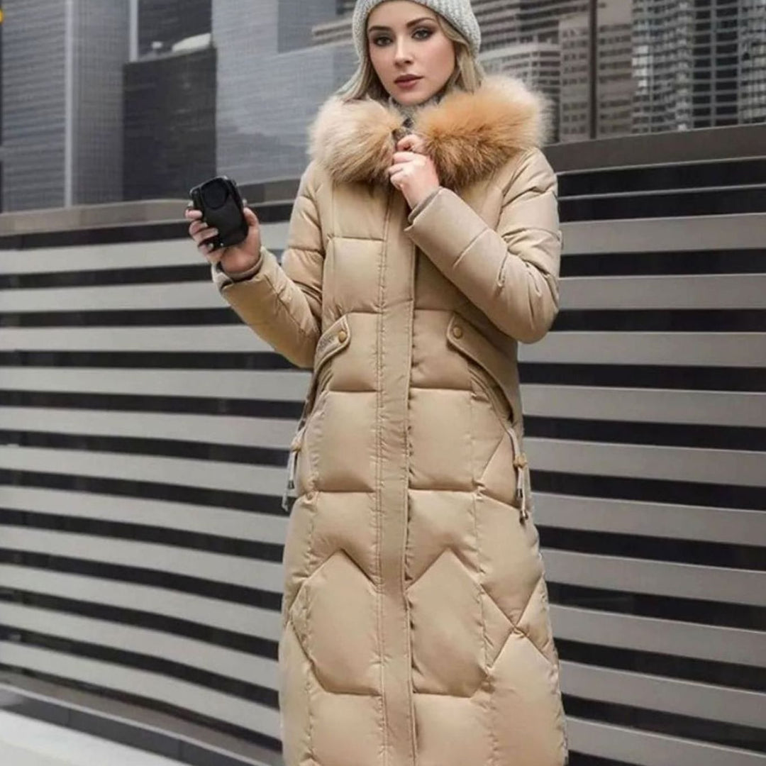 Women's Knee-Length Faux Fur Trim Hooded Quilted Puffer Coat - Khaki
