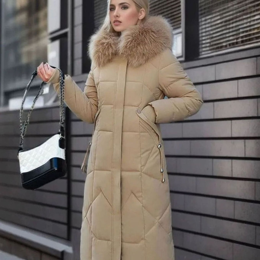 Women's Knee-Length Faux Fur Trim Hooded Quilted Puffer Coat