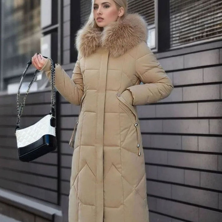 Women's Knee-Length Faux Fur Trim Hooded Quilted Puffer Coat