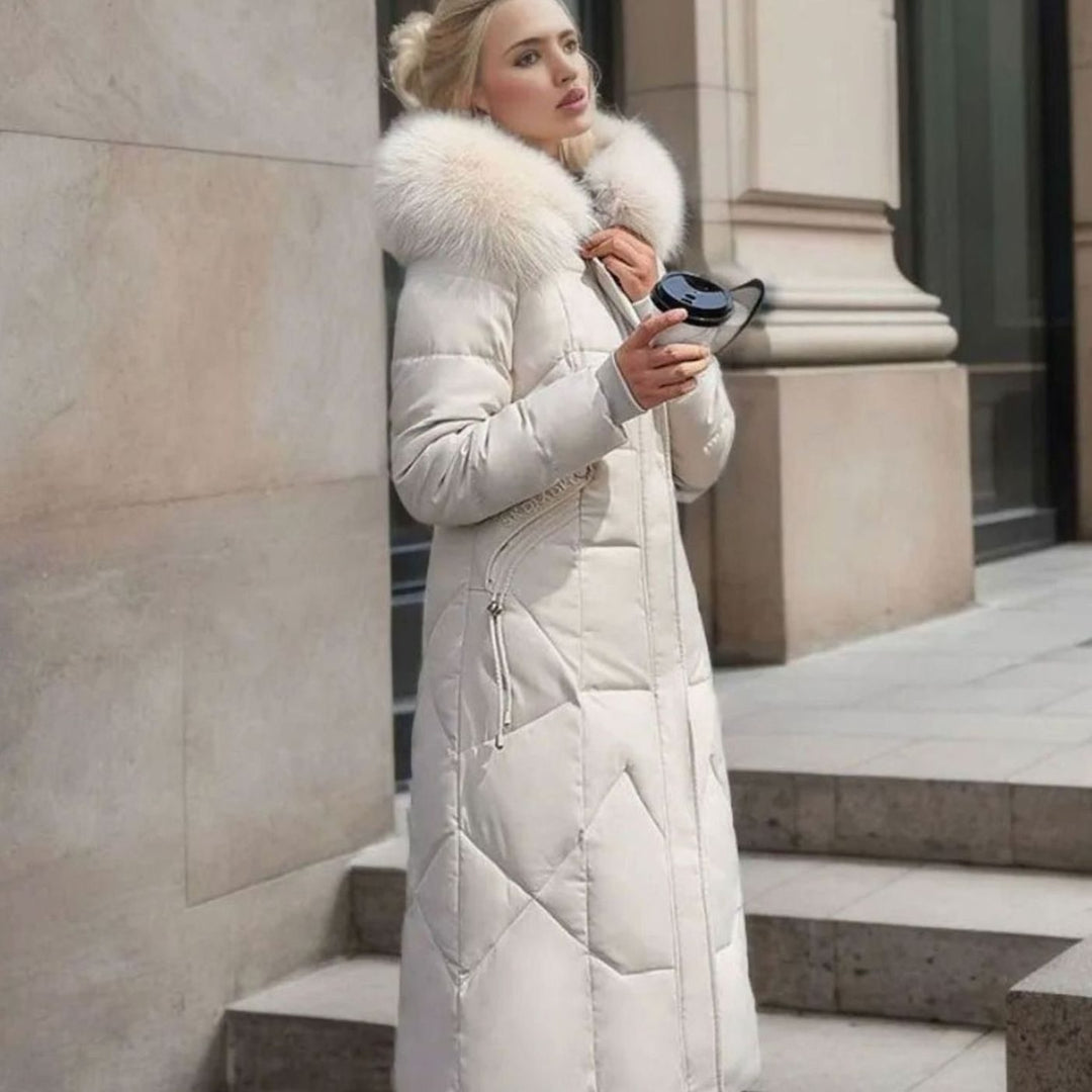 Women's Knee-Length Faux Fur Trim Hooded Quilted Puffer Coat