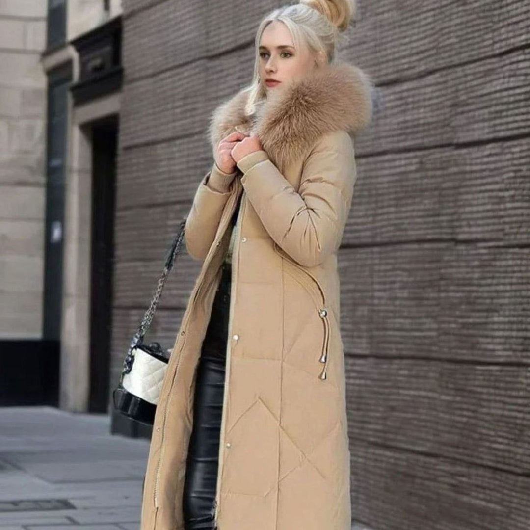 Women's Knee-Length Faux Fur Trim Hooded Quilted Puffer Coat