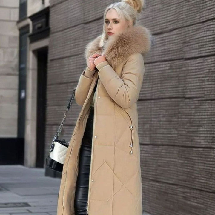 Women's Knee-Length Faux Fur Trim Hooded Quilted Puffer Coat