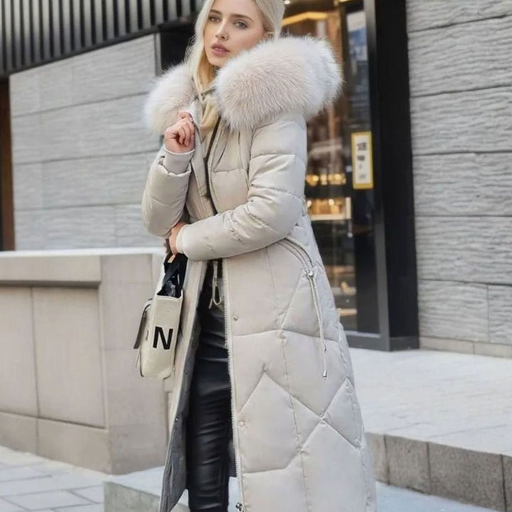 Women's Knee-Length Faux Fur Trim Hooded Quilted Puffer Coat
