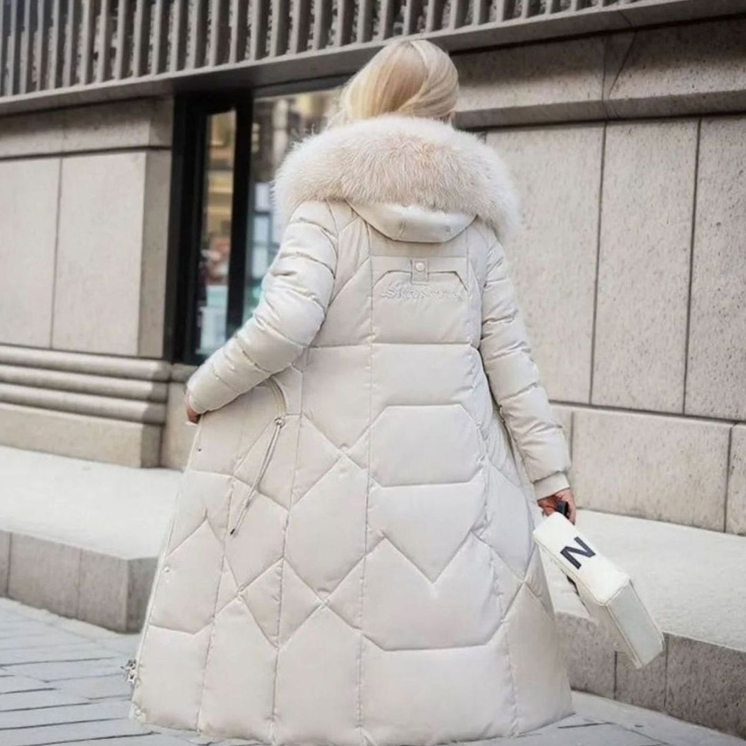 Women's Knee-Length Faux Fur Trim Hooded Quilted Puffer Coat