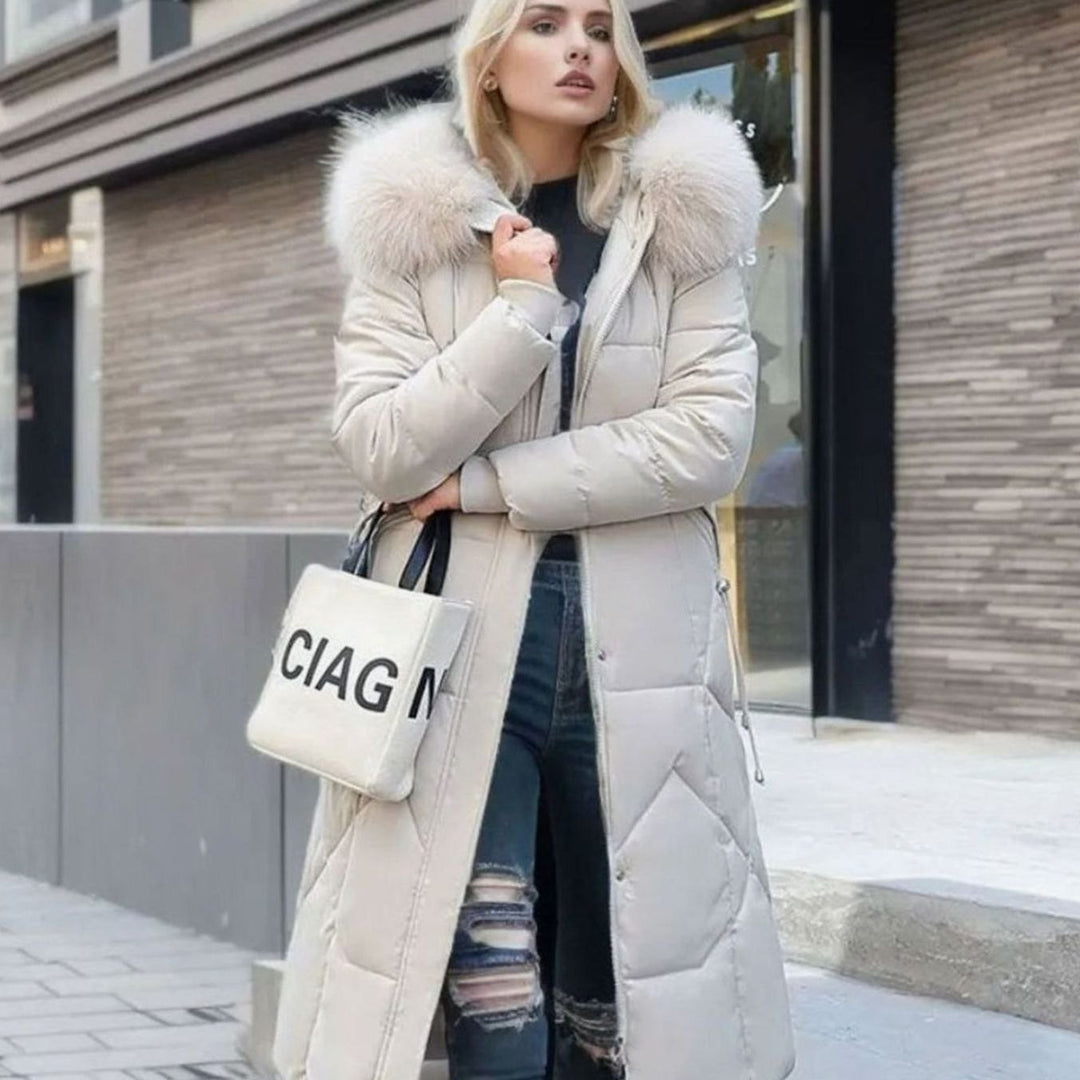 Women's Knee-Length Faux Fur Trim Hooded Quilted Puffer Coat - White