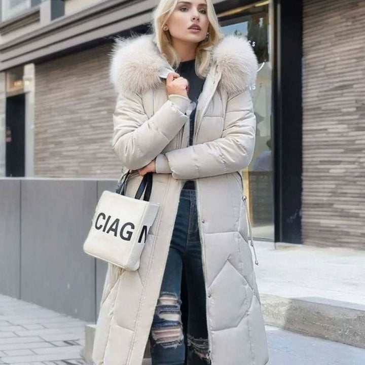 Women's Knee-Length Faux Fur Trim Hooded Quilted Puffer Coat - White