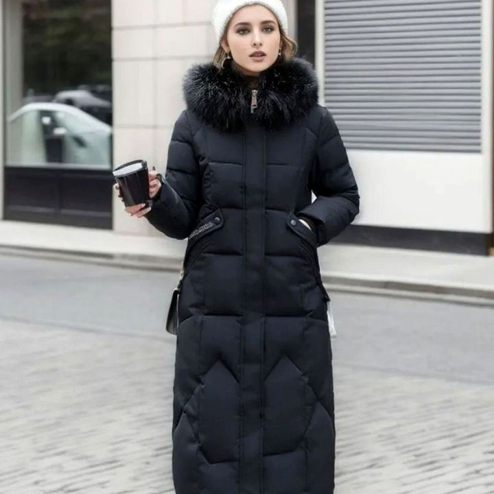Women's Knee-Length Faux Fur Trim Hooded Quilted Puffer Coat