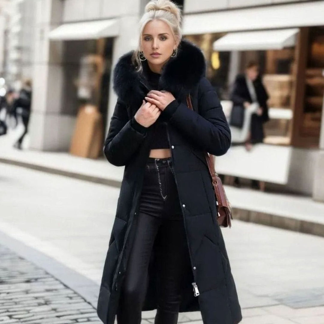 Women's Knee-Length Faux Fur Trim Hooded Quilted Puffer Coat