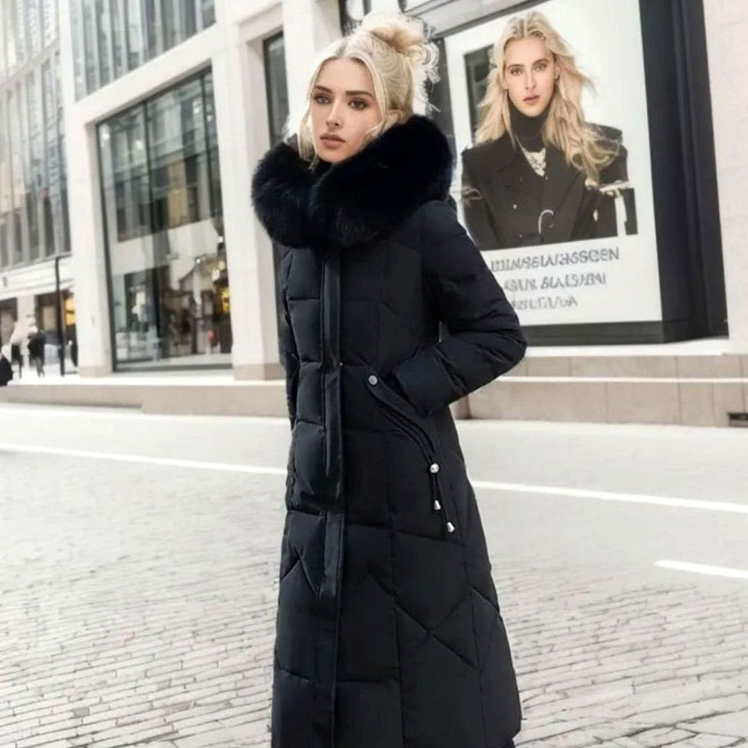 Women's Knee-Length Faux Fur Trim Hooded Quilted Puffer Coat