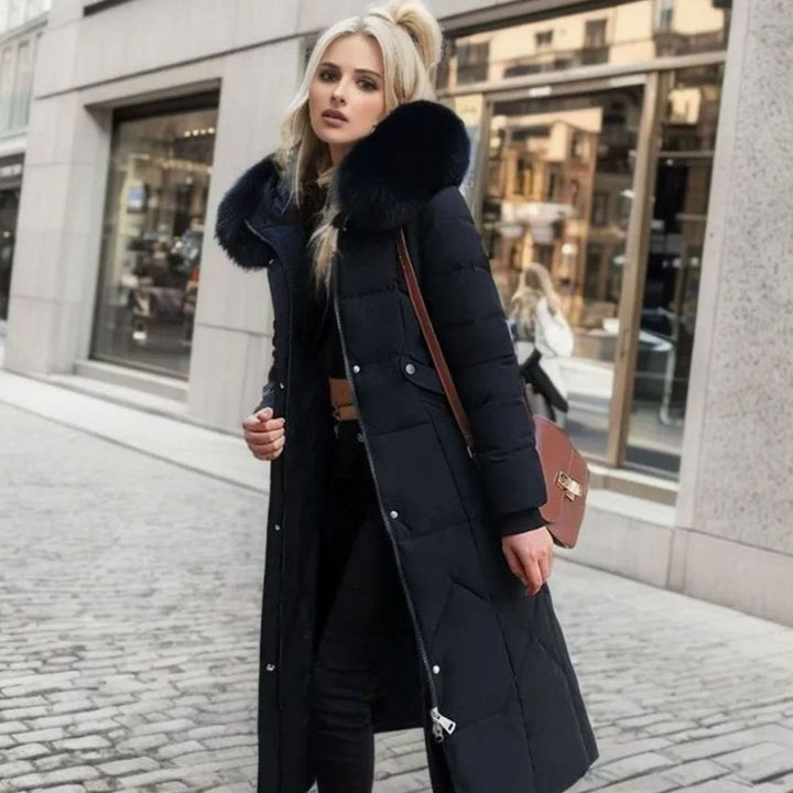 Women's Knee-Length Faux Fur Trim Hooded Quilted Puffer Coat - Black