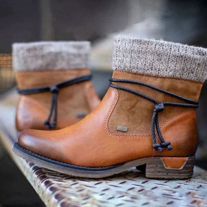 Women's Knit-Cuff Lace-Up Ankle Boots - Brown