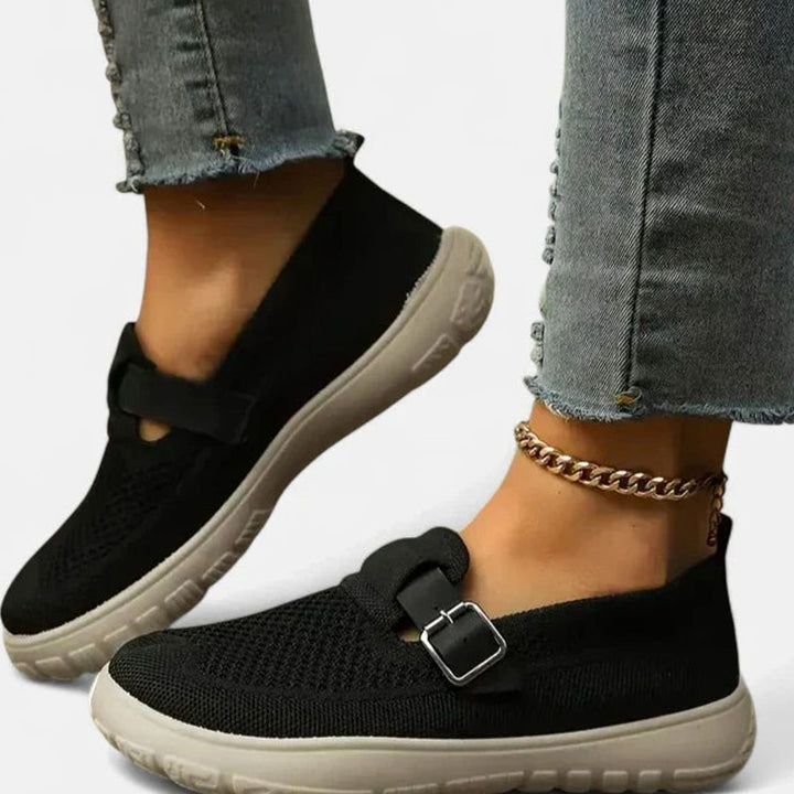 Women's Knit Slip-On Loafers Arch-Support Buckle Strap Flat Trainers - Black