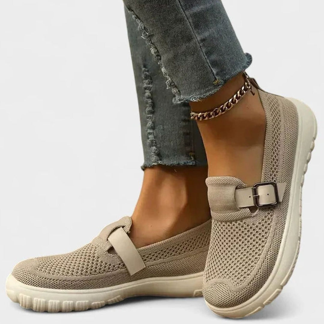 Women's Knit Slip-On Loafers Arch-Support Buckle Strap Flat Trainers - Beige