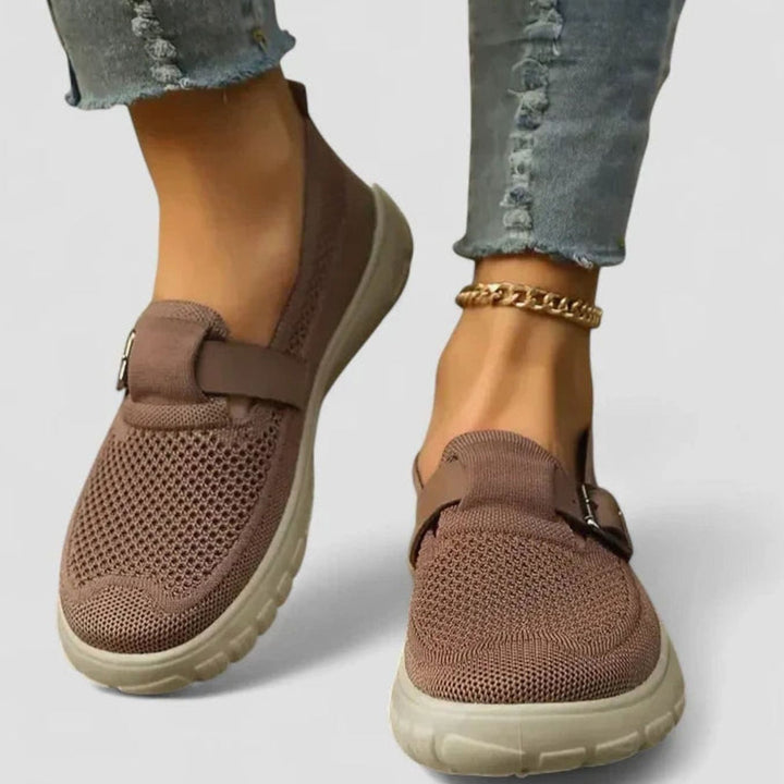 Women's Knit Slip-On Loafers Arch-Support Buckle Strap Flat Trainers - Brown