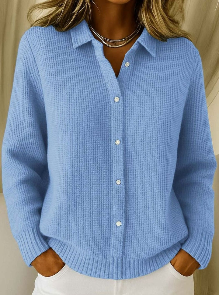 Women's Knitted Button-Up Cardigan Collared Long-Sleeve Jumper - Blue