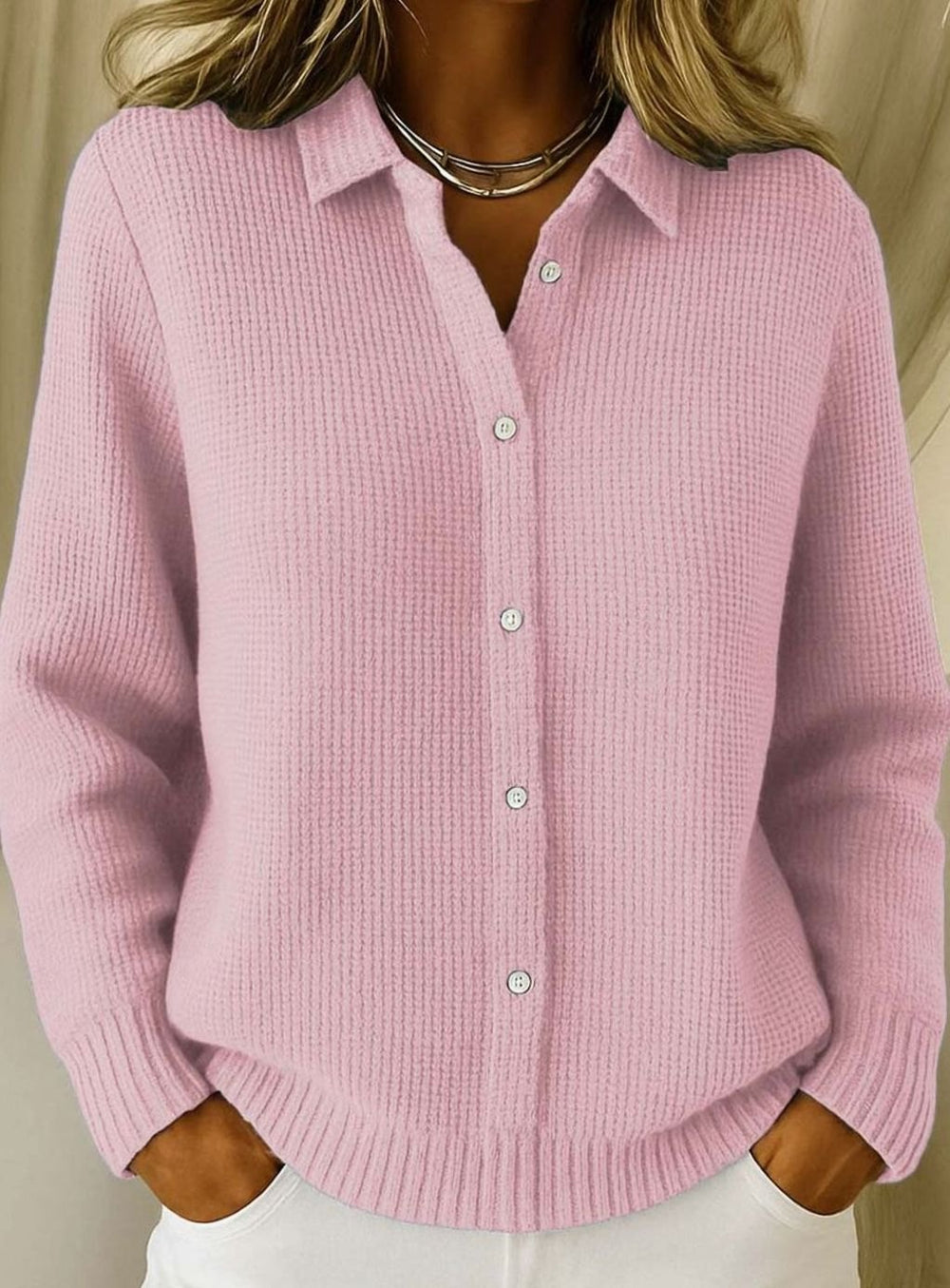 Women's Knitted Button-Up Cardigan Collared Long-Sleeve Jumper - Pink