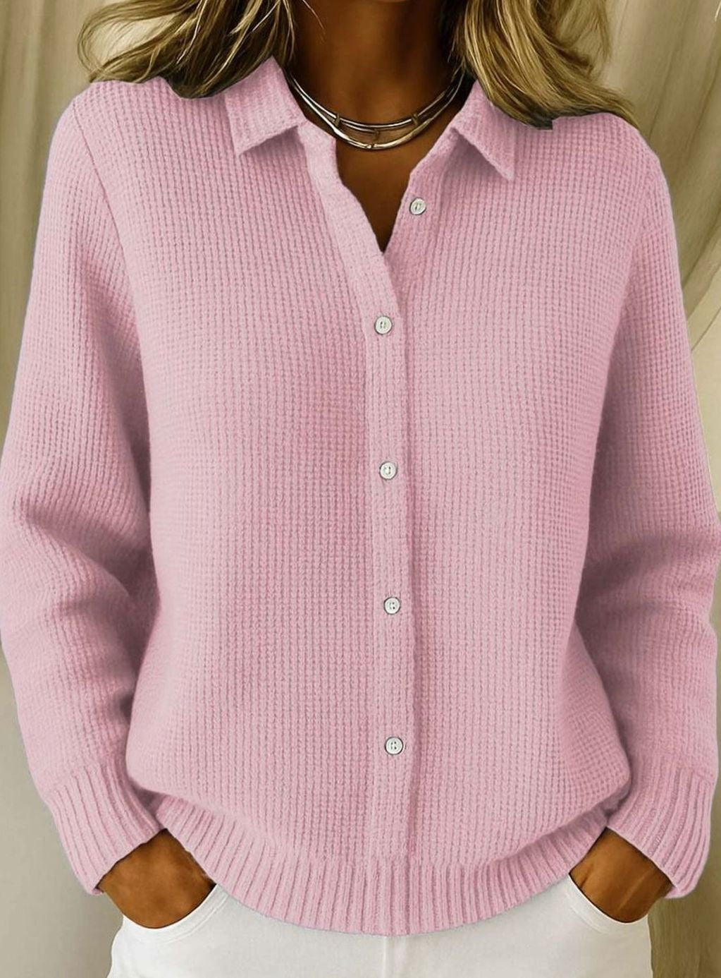Women's Knitted Button-Up Cardigan Collared Long-Sleeve Jumper - Pink